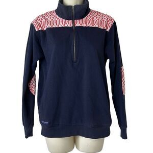 Simply Southern Pull Over 3/4 Zip Navy and Orange Print Sweater Size XS